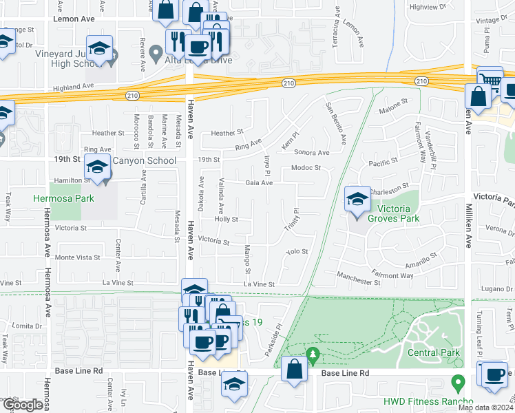map of restaurants, bars, coffee shops, grocery stores, and more near 6829 Mango Street in Rancho Cucamonga