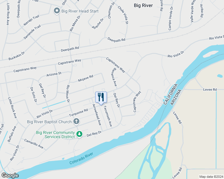 map of restaurants, bars, coffee shops, grocery stores, and more near 6912 Rio Vista Drive in Big River
