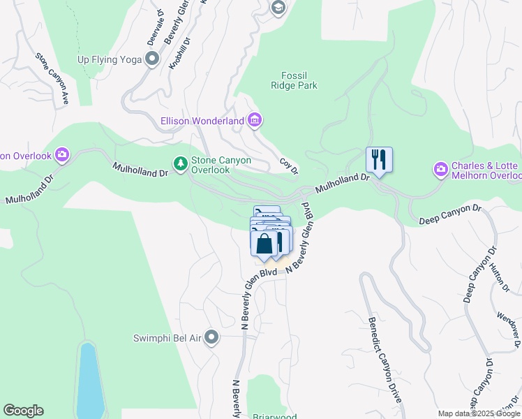 map of restaurants, bars, coffee shops, grocery stores, and more near 14330 Mulholland Drive in Los Angeles