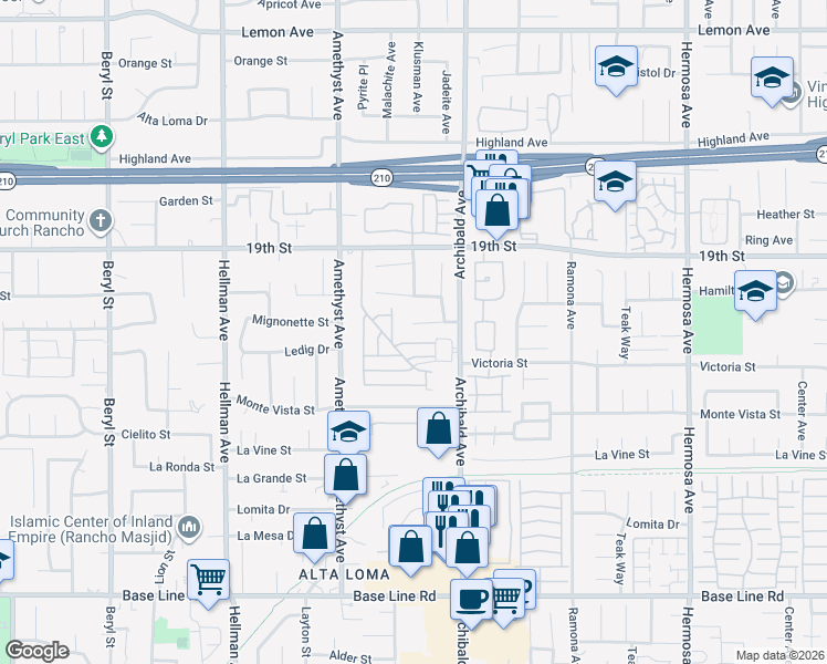 map of restaurants, bars, coffee shops, grocery stores, and more near 9625 Mignonette St in Rancho Cucamonga