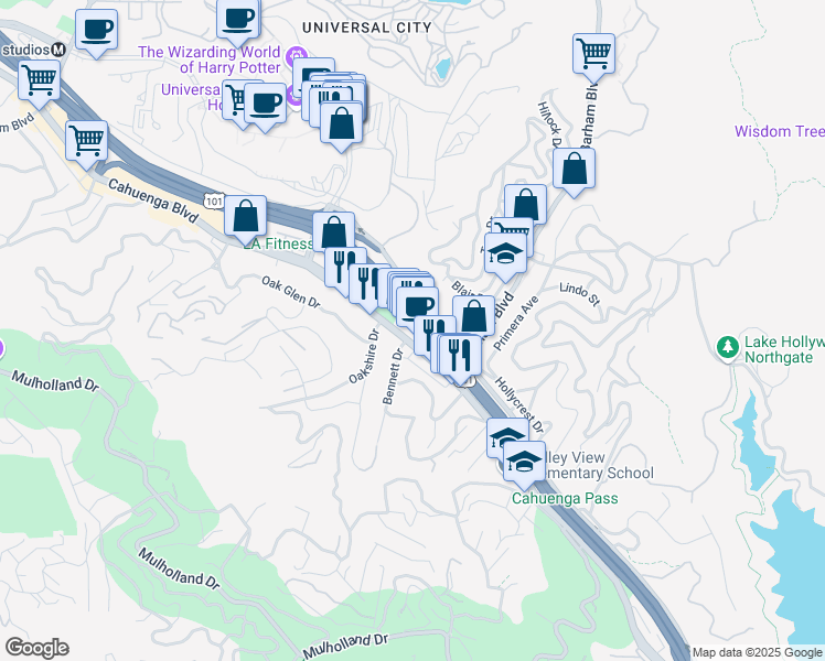 map of restaurants, bars, coffee shops, grocery stores, and more near 3256 Cahuenga Boulevard West in Los Angeles