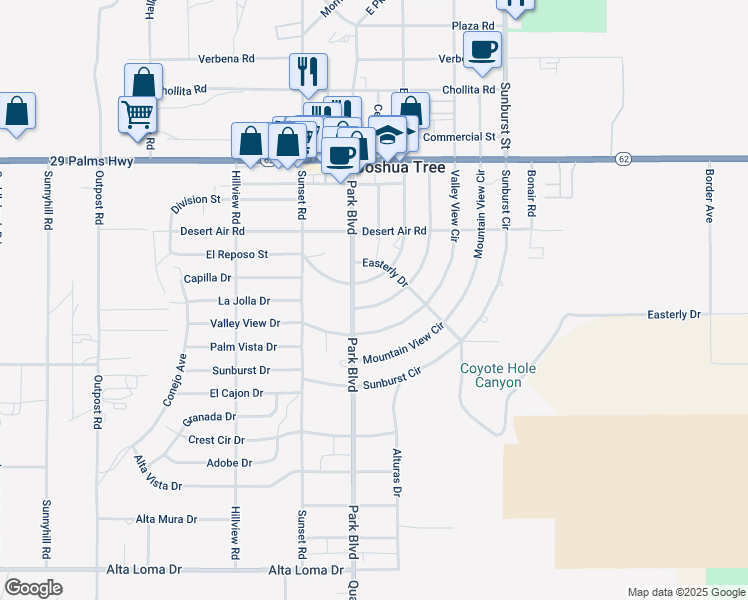 map of restaurants, bars, coffee shops, grocery stores, and more near 61830 Grand View Circle in Joshua Tree