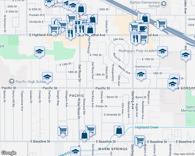 map of restaurants, bars, coffee shops, grocery stores, and more near 25551 East 17th Street in San Bernardino