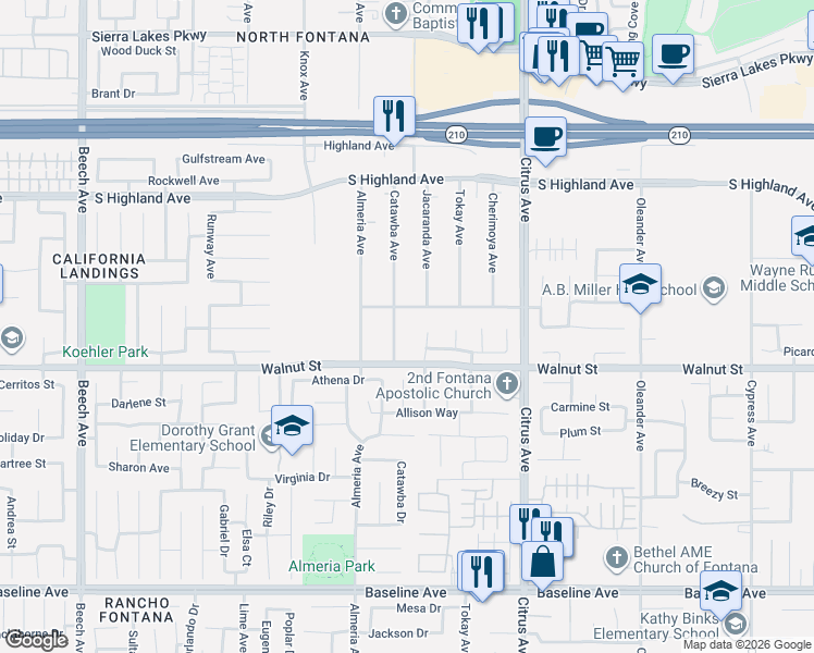 map of restaurants, bars, coffee shops, grocery stores, and more near 6854 Tahoe Way in Fontana