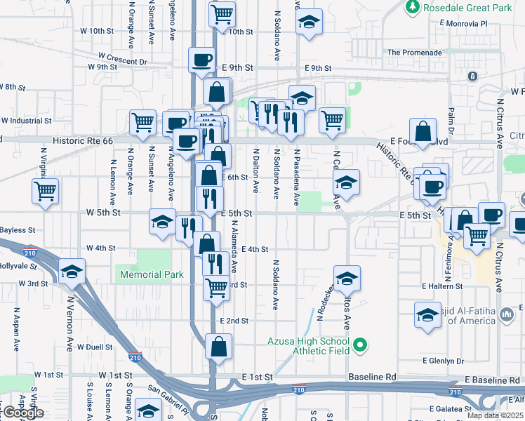 map of restaurants, bars, coffee shops, grocery stores, and more near 436 North Dalton Avenue in Azusa