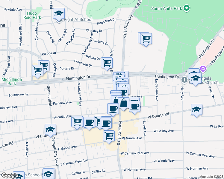map of restaurants, bars, coffee shops, grocery stores, and more near 717 Fairview Avenue in Arcadia