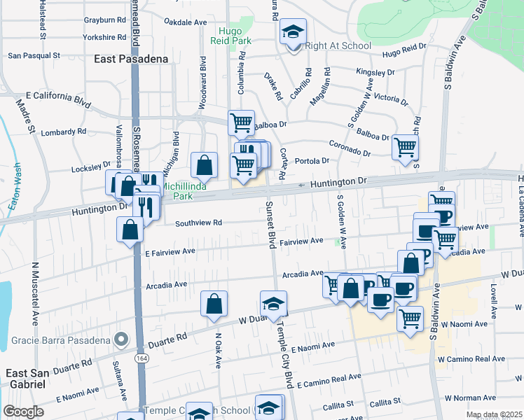 map of restaurants, bars, coffee shops, grocery stores, and more near 831 Sunset Boulevard in Arcadia