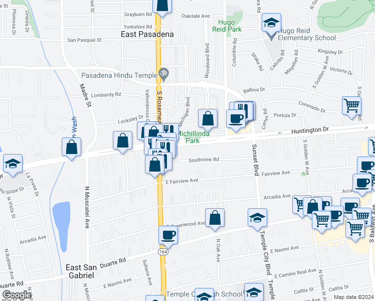 map of restaurants, bars, coffee shops, grocery stores, and more near 9061 Southview Road in San Gabriel