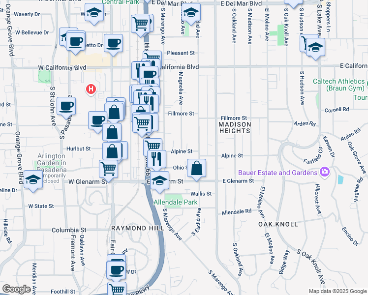 map of restaurants, bars, coffee shops, grocery stores, and more near 270 Alpine Street in Pasadena
