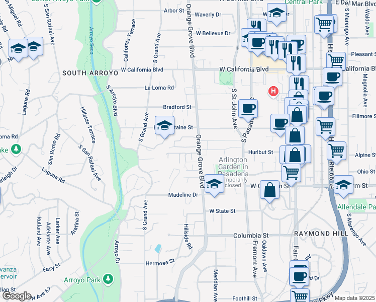 map of restaurants, bars, coffee shops, grocery stores, and more near 520 Orange Grove Circle in Pasadena