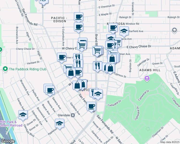map of restaurants, bars, coffee shops, grocery stores, and more near 1313 South Brand Boulevard in Glendale