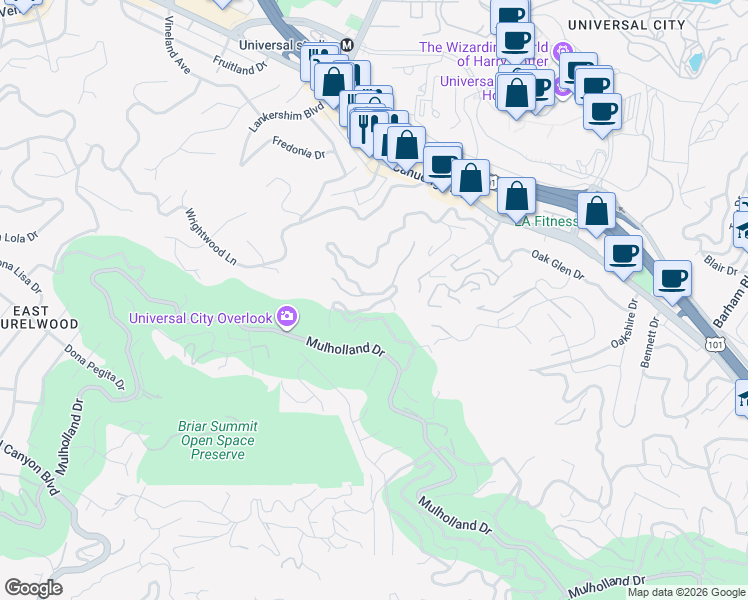 map of restaurants, bars, coffee shops, grocery stores, and more near 3528 Multiview Drive in Los Angeles