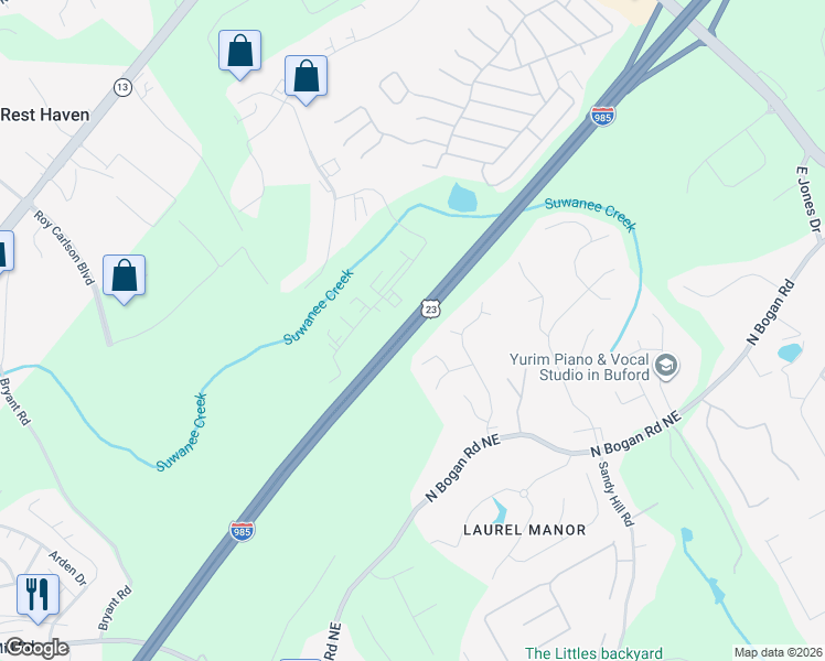 map of restaurants, bars, coffee shops, grocery stores, and more near 4679 Silver Meadow Dr in Buford