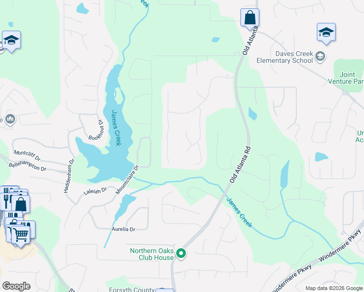 map of restaurants, bars, coffee shops, grocery stores, and more near 2530 Hampton Trail in Cumming