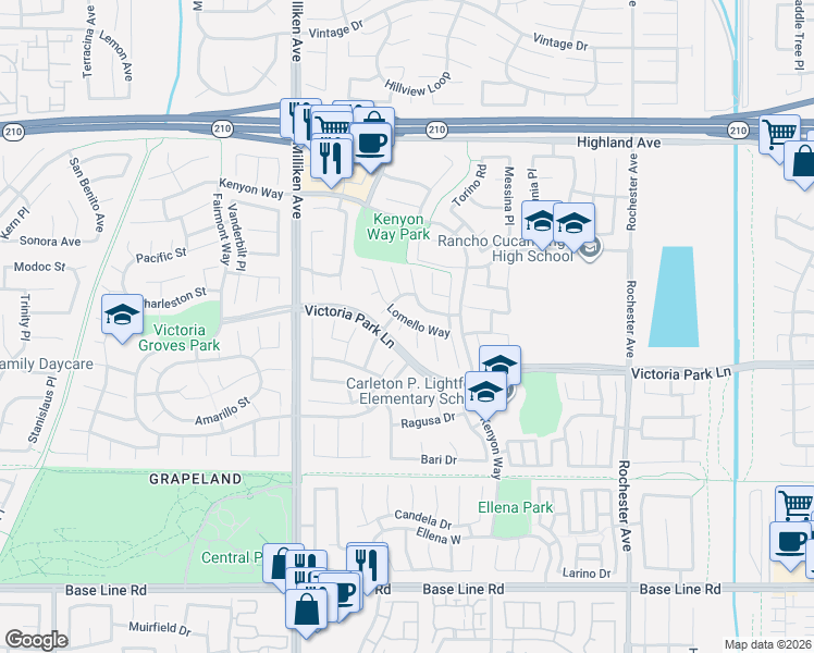 map of restaurants, bars, coffee shops, grocery stores, and more near 6853 Pandino Court in Rancho Cucamonga