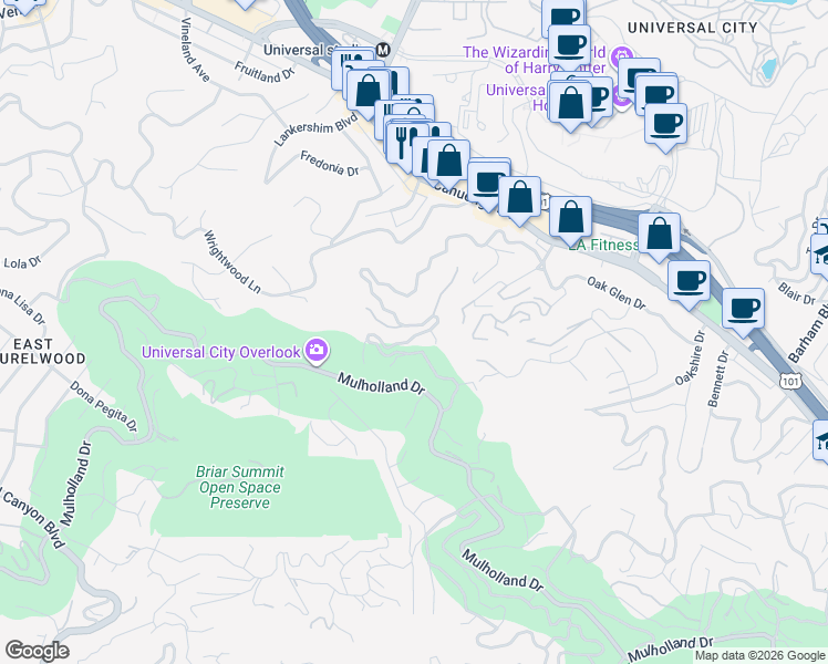 map of restaurants, bars, coffee shops, grocery stores, and more near 3528 Multiview Drive in Los Angeles
