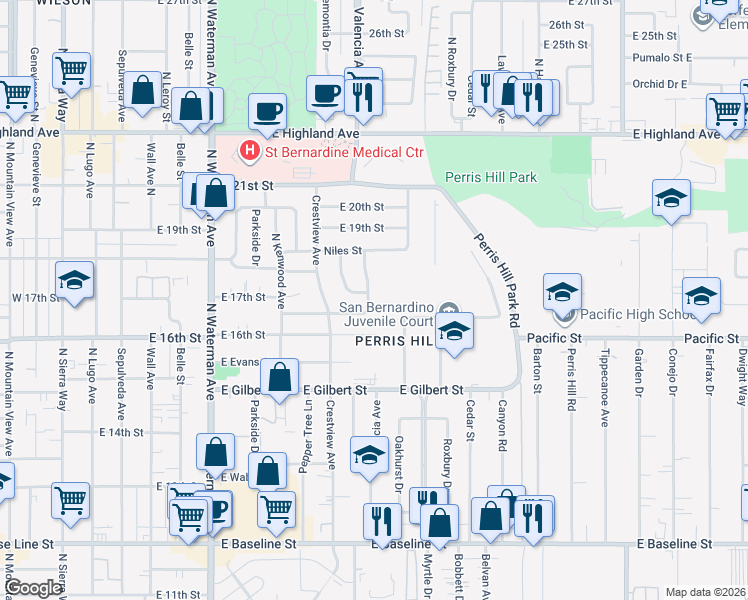 map of restaurants, bars, coffee shops, grocery stores, and more near 1625 Valencia Avenue in San Bernardino