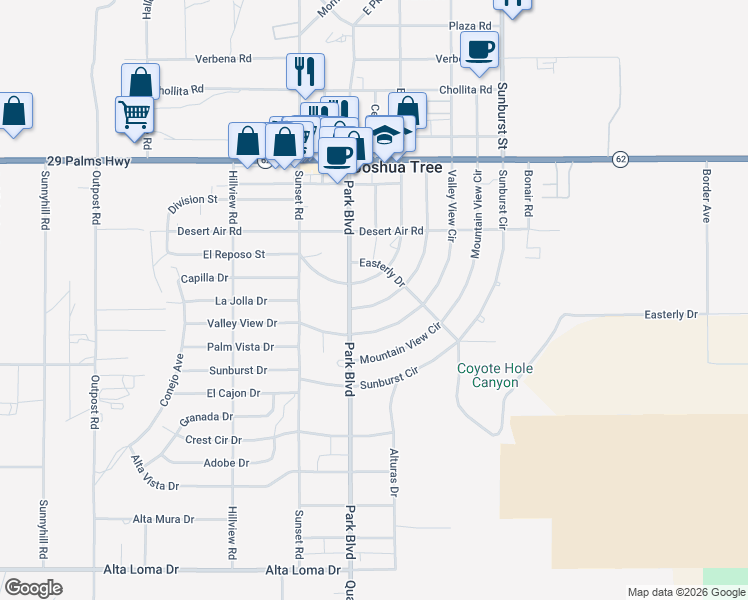 map of restaurants, bars, coffee shops, grocery stores, and more near 61827 Grand View Circle in Joshua Tree