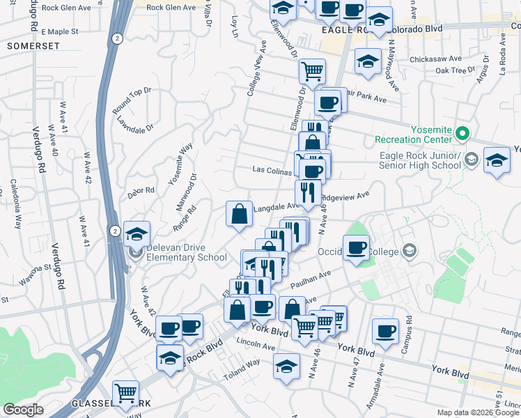 map of restaurants, bars, coffee shops, grocery stores, and more near Langdale Avenue in Los Angeles