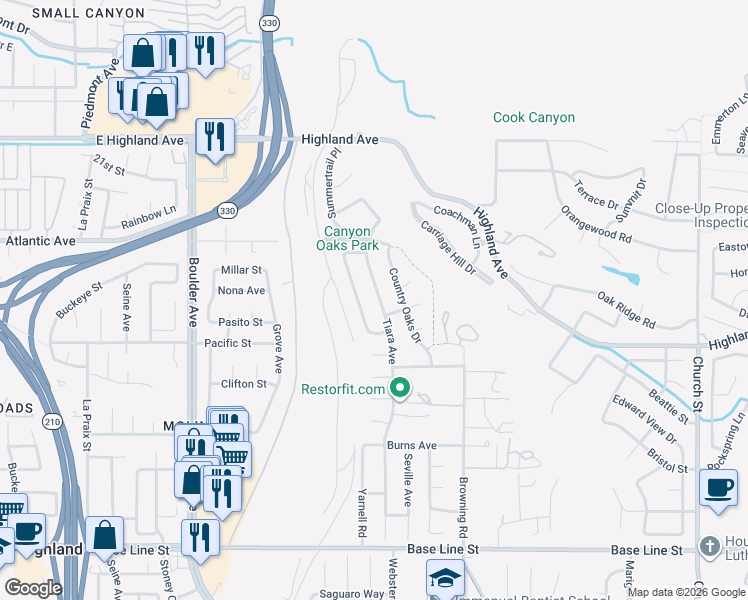 map of restaurants, bars, coffee shops, grocery stores, and more near Tiara Avenue in Highland