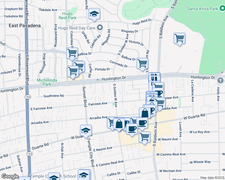 map of restaurants, bars, coffee shops, grocery stores, and more near 866 South Golden West Avenue in Arcadia