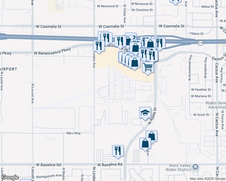 map of restaurants, bars, coffee shops, grocery stores, and more near 1642 Eagle Road in Rialto