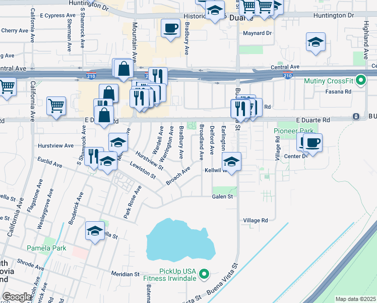 map of restaurants, bars, coffee shops, grocery stores, and more near 1919 Capehart Avenue in Duarte