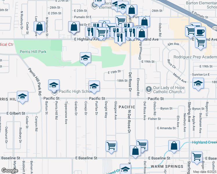 map of restaurants, bars, coffee shops, grocery stores, and more near 25156 East 17th Street in San Bernardino