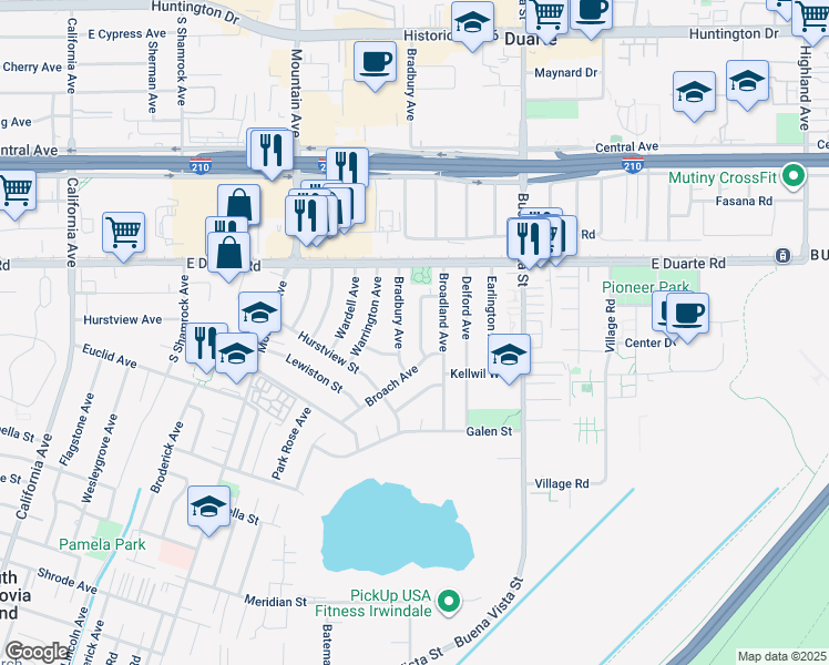 map of restaurants, bars, coffee shops, grocery stores, and more near 1919 Capehart Avenue in Duarte