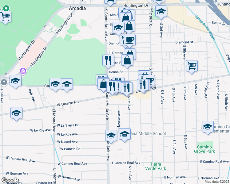 map of restaurants, bars, coffee shops, grocery stores, and more near 14 East Duarte Road in Arcadia