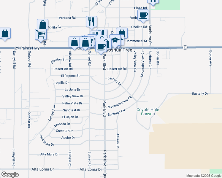 map of restaurants, bars, coffee shops, grocery stores, and more near 61830 Grand View Circle in Joshua Tree