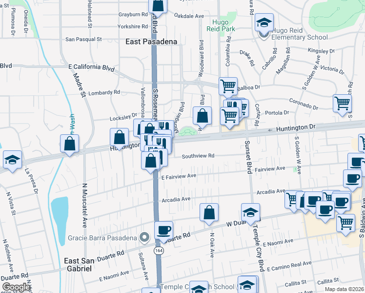 map of restaurants, bars, coffee shops, grocery stores, and more near 9070 Huntington Drive in San Gabriel