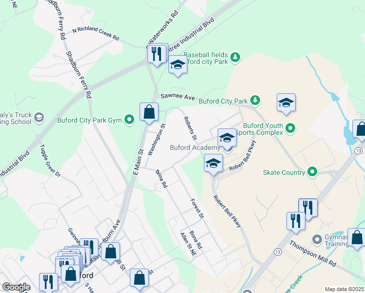 map of restaurants, bars, coffee shops, grocery stores, and more near 110 Legion Drive in Buford