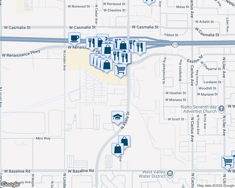 map of restaurants, bars, coffee shops, grocery stores, and more near Tomcat Avenue in Rialto