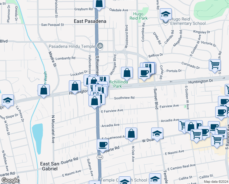 map of restaurants, bars, coffee shops, grocery stores, and more near 9070 Huntington Drive in San Gabriel