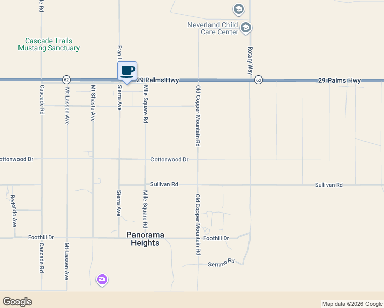 map of restaurants, bars, coffee shops, grocery stores, and more near 66277 Cottonwood Drive in Twentynine Palms