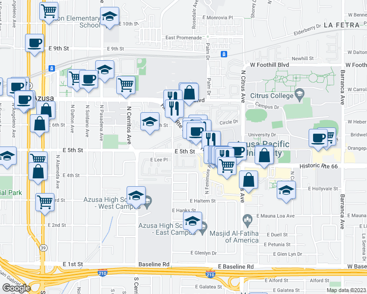 map of restaurants, bars, coffee shops, grocery stores, and more near 745 East 5th Street in Azusa
