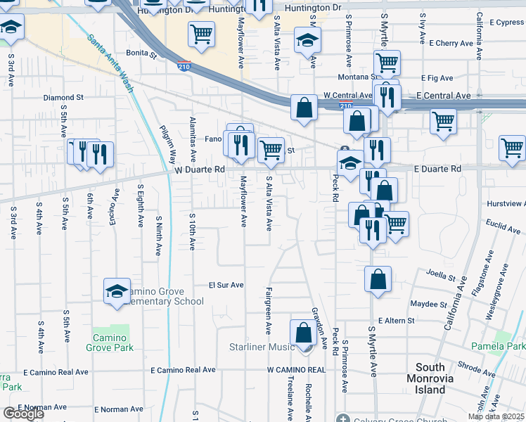 map of restaurants, bars, coffee shops, grocery stores, and more near 1007 South Alta Vista Avenue in Arcadia