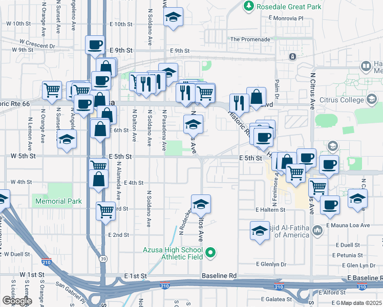 map of restaurants, bars, coffee shops, grocery stores, and more near 503 North Cerritos Avenue in Azusa