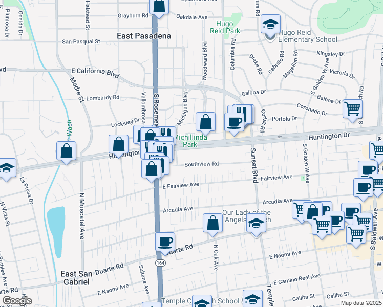 map of restaurants, bars, coffee shops, grocery stores, and more near 9078 Huntington Drive in San Gabriel