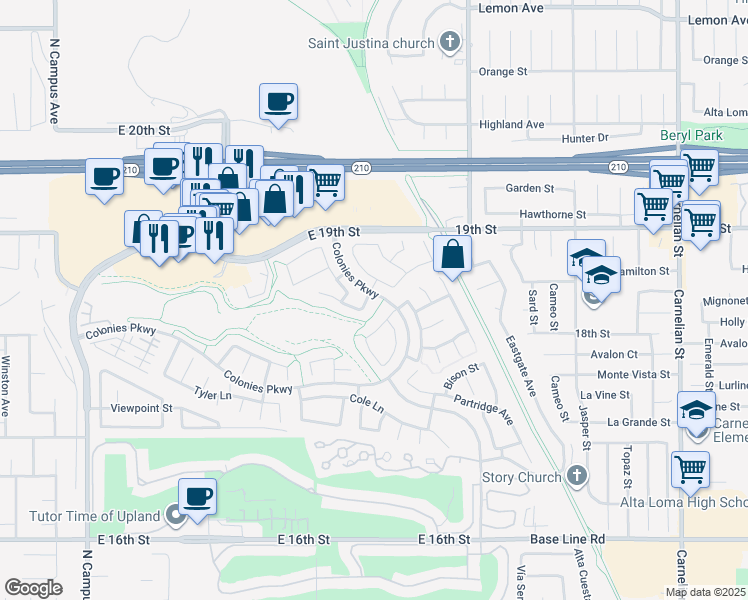 map of restaurants, bars, coffee shops, grocery stores, and more near 1840 Eclipse Street in Upland
