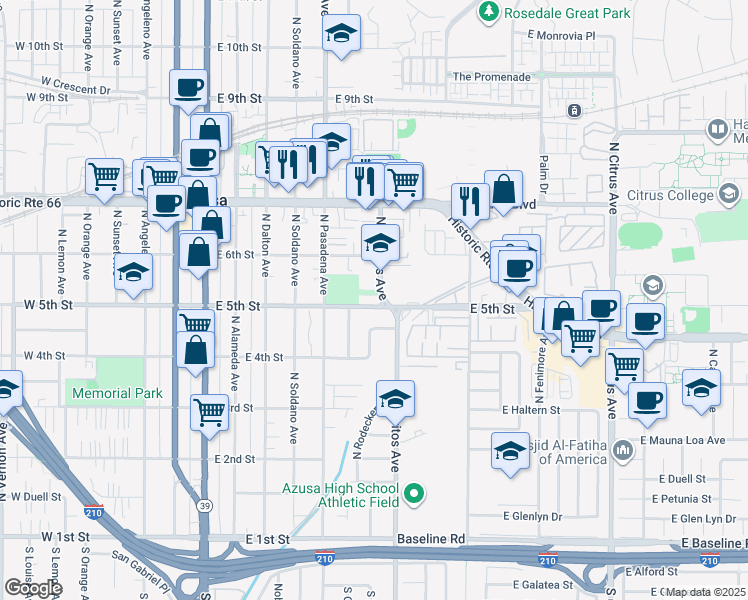map of restaurants, bars, coffee shops, grocery stores, and more near 503 North Cerritos Avenue in Azusa