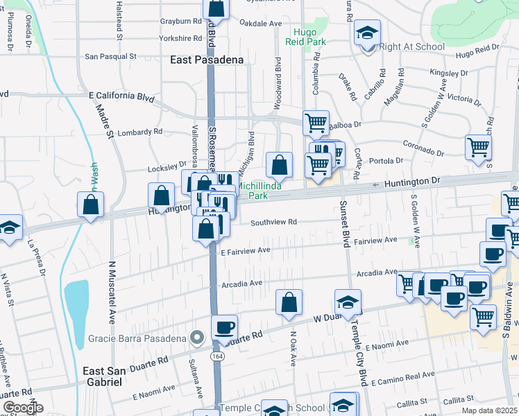 map of restaurants, bars, coffee shops, grocery stores, and more near 9078 Huntington Drive in San Gabriel