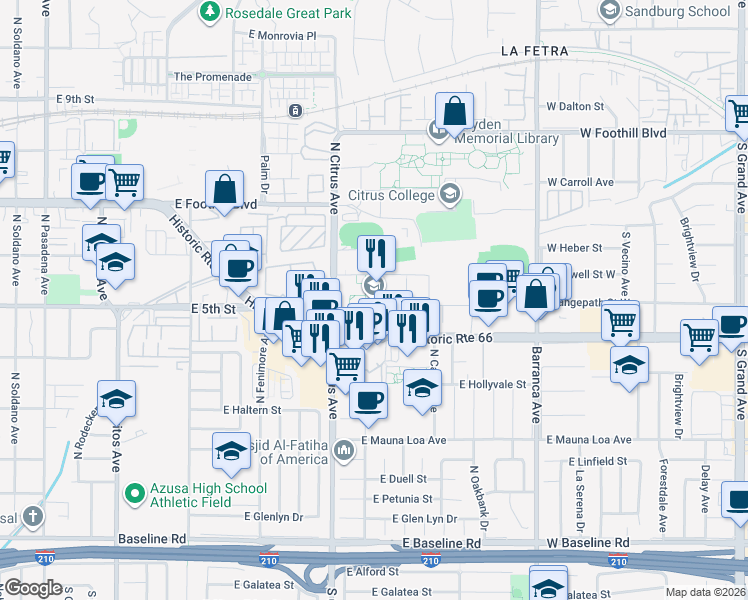 map of restaurants, bars, coffee shops, grocery stores, and more near 901 East Alosta Avenue in Azusa