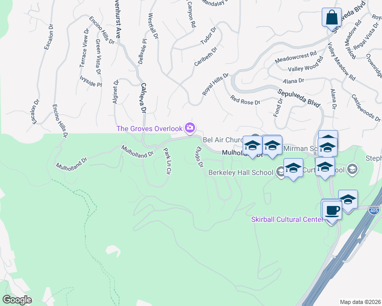 map of restaurants, bars, coffee shops, grocery stores, and more near 3221 Elvido Drive in Los Angeles