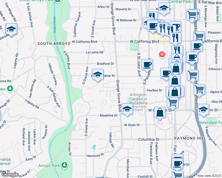 map of restaurants, bars, coffee shops, grocery stores, and more near 435 Orange Grove Circle in Pasadena