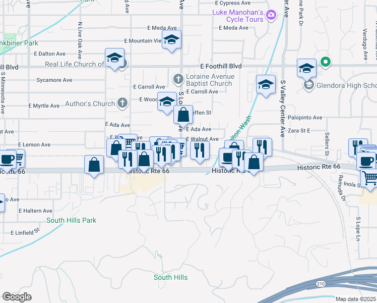 map of restaurants, bars, coffee shops, grocery stores, and more near 1114 East Lemon Avenue in Glendora
