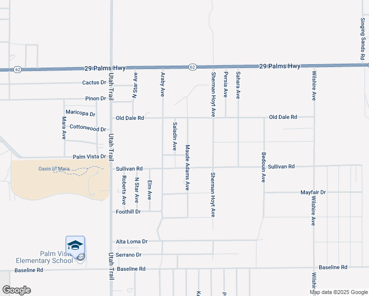 map of restaurants, bars, coffee shops, grocery stores, and more near Maude Adams Avenue in Twentynine Palms