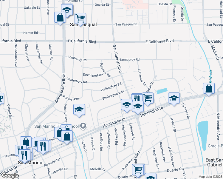 map of restaurants, bars, coffee shops, grocery stores, and more near 2875 Shakespeare Drive in San Marino