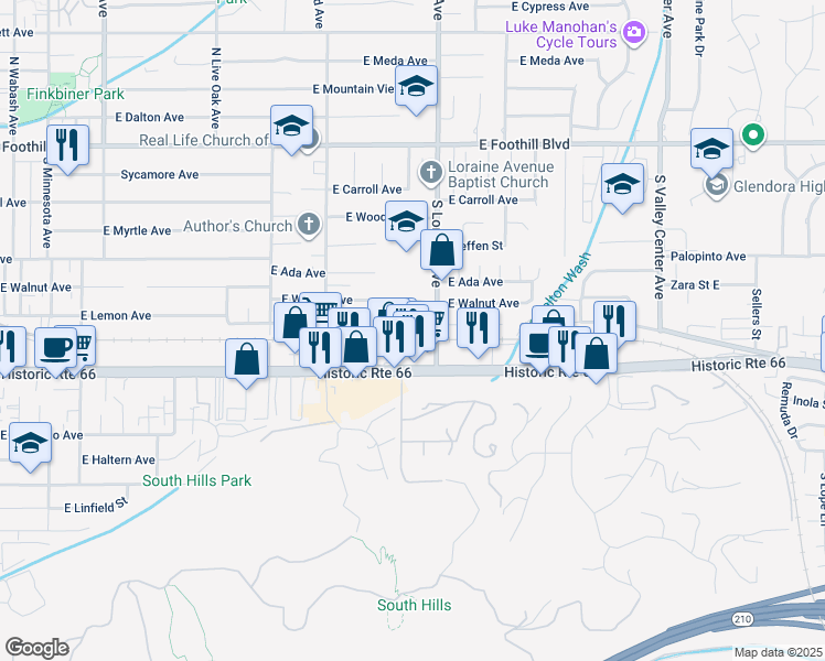 map of restaurants, bars, coffee shops, grocery stores, and more near 1032 East Lemon Avenue in Glendora